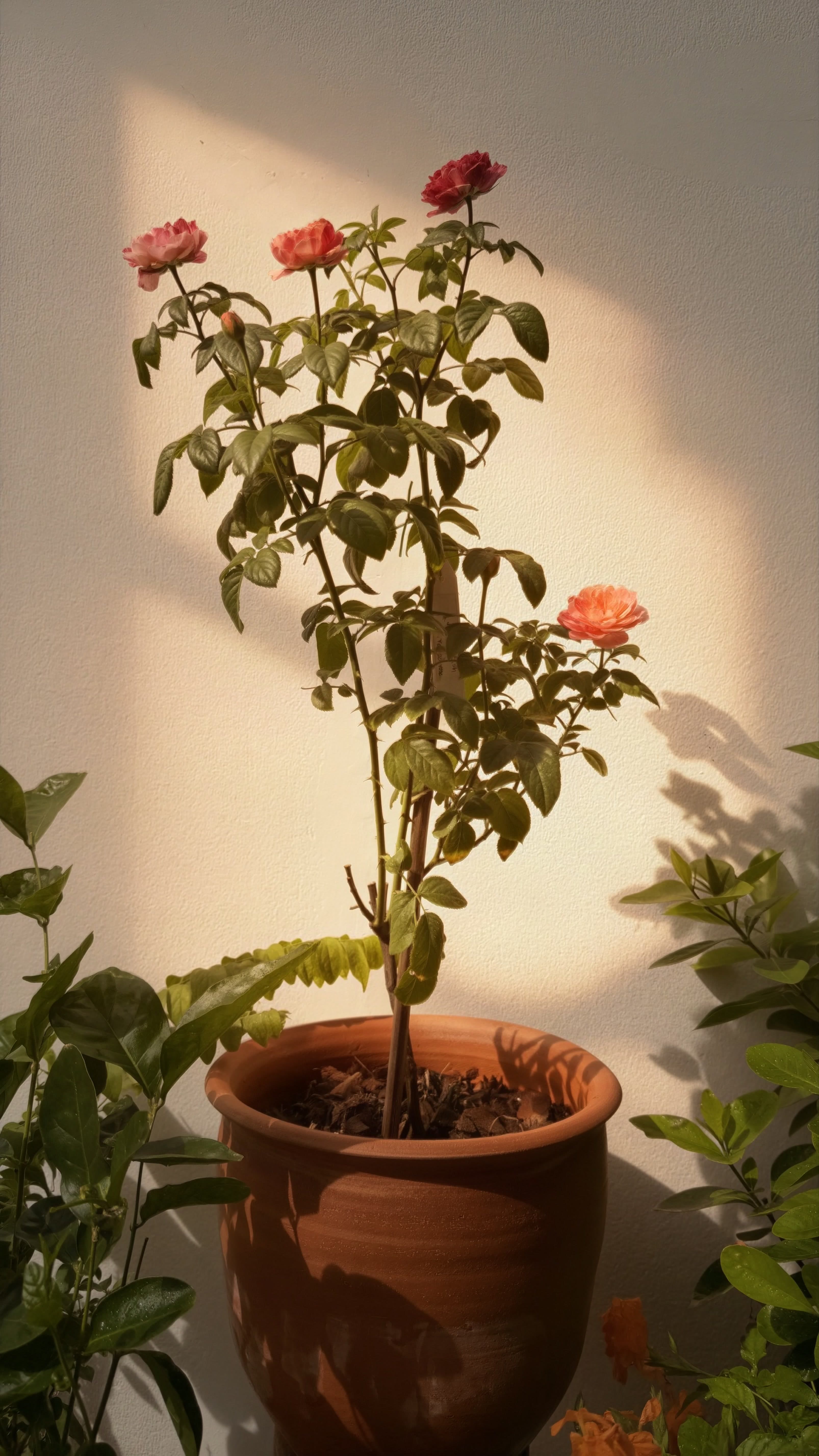 A potted rose plant in warm morning light